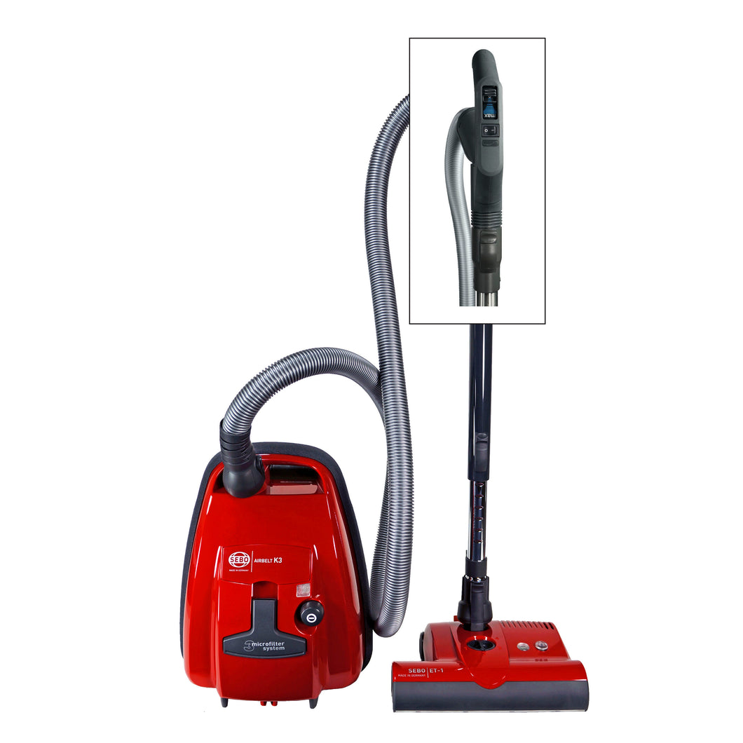 Sebo Airbelt K3 Premium with ET-1 Power Head and parquet brush. Includes Three-Step Hospital Grade Filtration