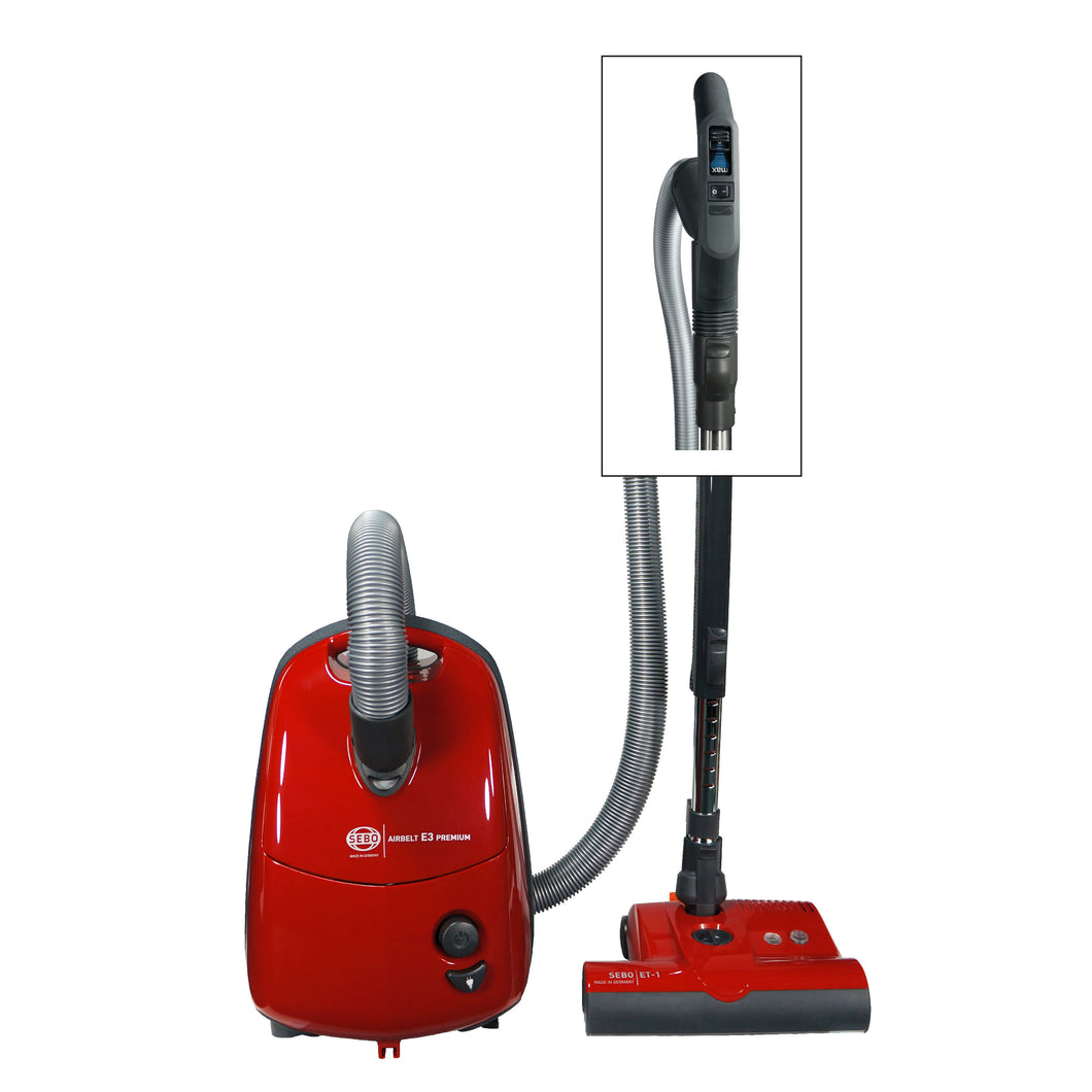 Sebo E3 Premium with ET-1 Power Head and parquet brush.  Includes Three-Step Hospital Grade Filtration